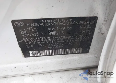 2012 Hyundai Sonata Gls z USA, uszkodzony, nr VIN 5NPEB4AC5CH365989